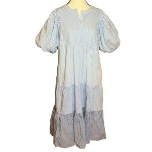 English Factory Puff Sleeve Blue White Tiered Midi Dress Ombré Womens Size S
